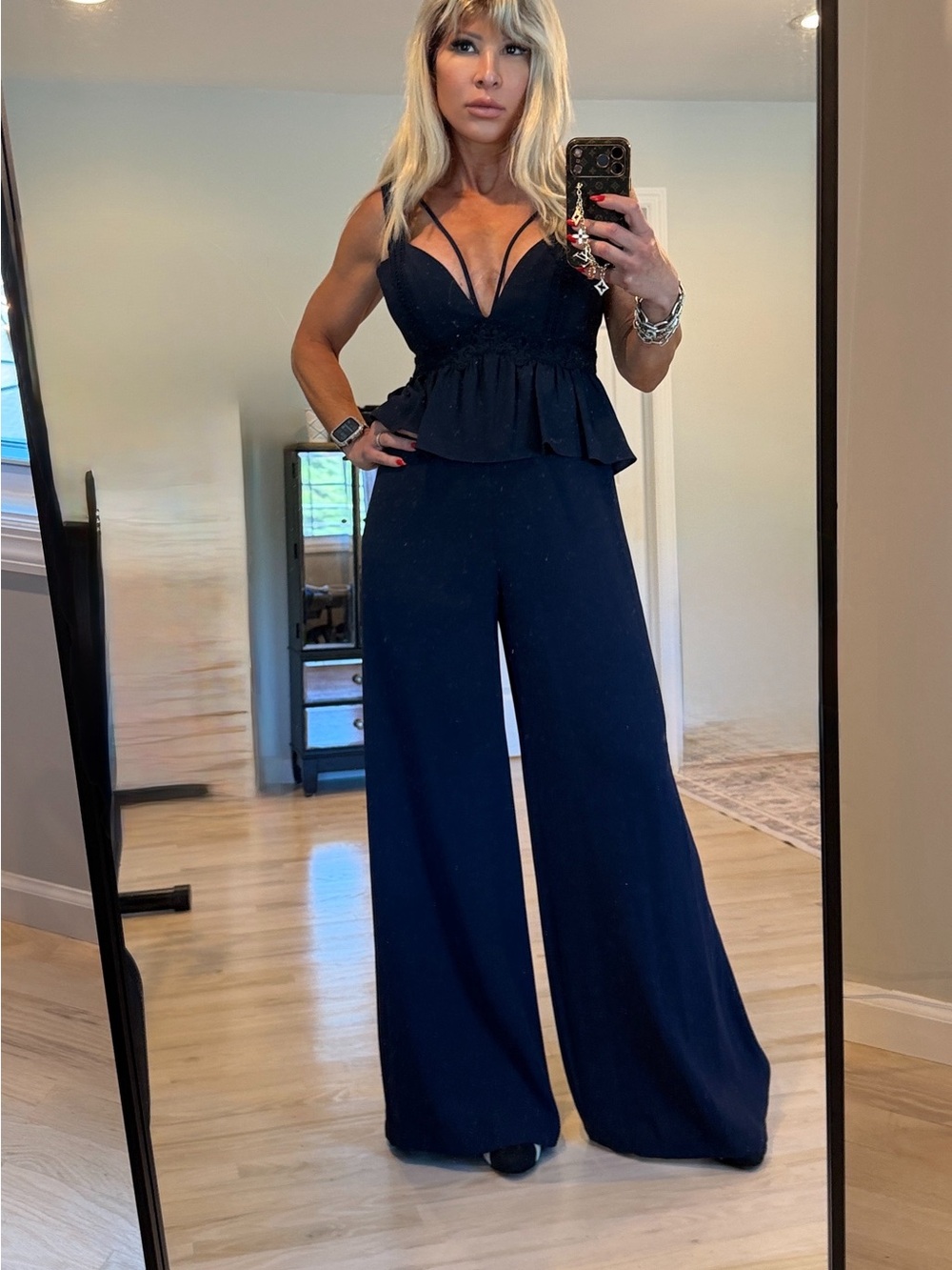 BCBGMaxAzria Navy Peplum Wide-Leg Jumpsuit